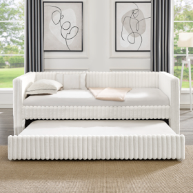 Twin Size Daybed, Upholstered Sofa Bed,The Bottom Pulls Out To Form A Bed ,Striped Corduroy Fabric- Beige 86x43.5x34