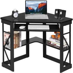 Home Office Corner Computer Desk with Keyboard Tray and Storage Shelves in Black