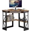 Corner Computer Desk with Keyboard Tray and Storage Shelves in Brown