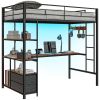 HOMCOM Twin Loft Bed with Desk & Storage Shelves and Drawers, Twin Loft Bed Metal with LED Lights, Charging Station, Black