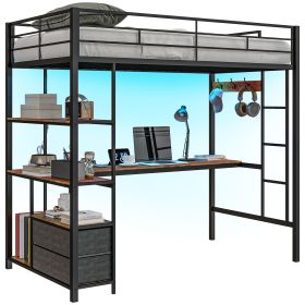 HOMCOM Twin Loft Bed with Desk & Storage Shelves and Drawers, Twin Loft Bed Metal with LED Lights, Charging Station, Black