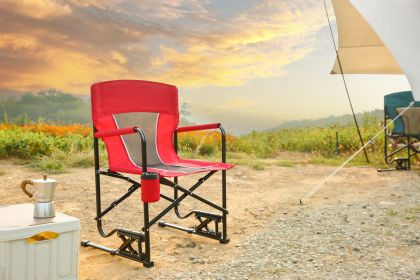 Outdoor Freestyle Rocker Camping Chair Portable Folding Rocking Chair with Solid, Durable Armrests, Drink Holder & Comfortable Backrest -Red