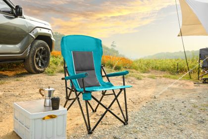 High Back Heavy Duty Lawn Chair Support 250LBS, Portable Collapsible Chair with Cup Holder -Blue