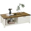 HOMCOM Farmhouse Coffee Table Drawer Storage Open Shelf White Oak for Modern Living Room