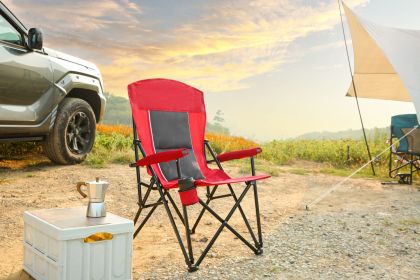 High Back Heavy Duty Lawn Chair Support 250LBS, Portable Collapsible Chair with Cup Holder -Red