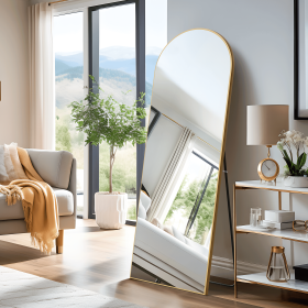 Wooden right angled arched golden full-length mirror with stand 71 * 31 * 1 inch Bathroom Vanity Mirror for Bedroom Entryway, Living/Dressing Roo