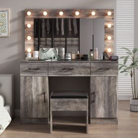 Vanity Desk Set with Large Lighted Mirror and Powre Outlet, Glass Top Makeup Vanity with 3 Drawers and 2 Cabinets, Vanity Table with 12 LED Light