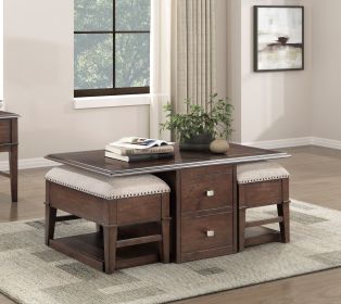 Classic Occasional 3pc Set Cocktail Table with Drawers Base and Two Storage Ottomans Brown Finish Living Room Furniture
