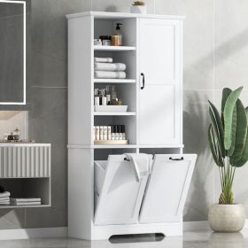 Bathroom Storage Cabinet with Doors and Drawers, Tilt-Out Laundry Hamper, Multiple Storage Space, Freestanding Style, Open Shelve, Adjustable She