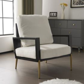 Modern Low Back White Upholstered Accent Armchair with Gold Metal Legs & Rubberwood Frame, Chic Wide Armrest Minimalist Lounge Chair with Pillow