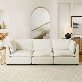 Modern Chenille Comfy Upholstered 3-Seat Sofa with 2 Lumbar Pillow, Deep Seat Sofa Sleeper for Living Room, Apartment, Office, Studio (Beige Whit