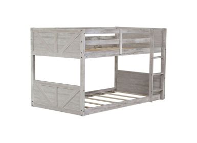 Twin over Twin Floor Bunk Bed with Panelled Headboard and Footboard, Solid Rubber Wood Foundation with Safety Guardrails, Built-in ladder