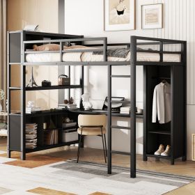 Metal Loft Bed with Wardrobe And L-shaped Desk, Full Size Loft Bed with Storage Cubes and Shelves, Heavy Duty Loft Bed for Kids Teens Adults