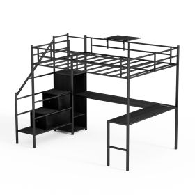 Full Size Metal Loft Bed with L-shaped Desk, LED Lights, Charging Cradle, LED Loft Bed Frame