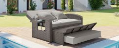 TOPMAX PE Wicker Rattan Double Chaise Lounge, 2-Person Reclining Daybed with Adjustable Back and Cushions, Free Furniture Protection Cover