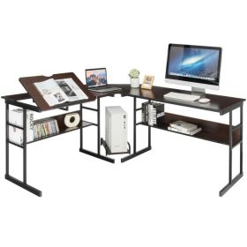Modern Corner L-Shaped Computer Desk with Tilt Tabletop in Walnut Black Finish (Desk Top Color: Dark Brown)