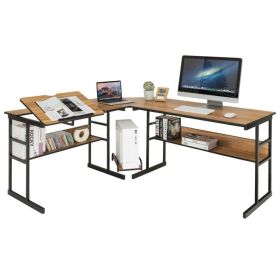 Modern Corner L-Shaped Computer Desk with Tilt Tabletop in Walnut Black Finish (Desk Top Color: Walnut)