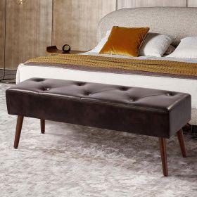 Mid-Century End of Bed Bench with Brown Leather Upholstered Seat Solid Wood Legs (Mid-Century Bench: Dark Brown)