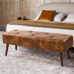 Mid-Century End of Bed Bench with Brown Leather Upholstered Seat Solid Wood Legs (Mid-Century Bench: Brown-Yellow)