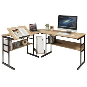 Modern Corner L-Shaped Computer Desk with Tilt Tabletop in Walnut Black Finish (Desk Top Color: Natural Finish)