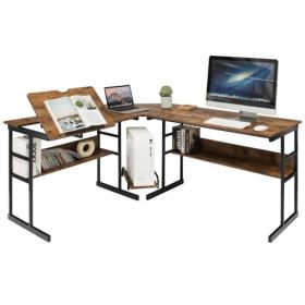 Modern Corner L-Shaped Computer Desk with Tilt Tabletop in Walnut Black Finish (Desk Top Color: Rustic Wood)